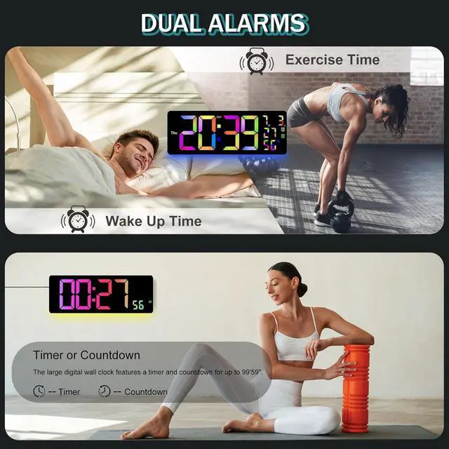 Alt view image 6 of 7 - JoFomp 17.3" Large Digital Wall Clock, LED Digital Clock Large Display with Remote Control, Alarm Clock with Temp/DST/Dimmer/Humidity/Timer/Ambient Light - 12/24H, Alarm Wall Clock for Bedroom