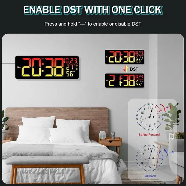 Alt view image 7 of 7 - JoFomp 17.3" Large Digital Wall Clock, LED Digital Clock Large Display with Remote Control, Alarm Clock with Temp/DST/Dimmer/Humidity/Timer/Ambient Light - 12/24H, Alarm Wall Clock for Bedroom