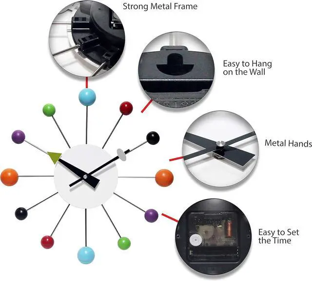 Alt view image 6 of 7 - Infinity Instruments Orb Spoke Midcentury Modern 15 inch Retro Starburst Ball Wall Clock Quiet Quartz Movement Mid Century Decorative, Multi, Multicolor