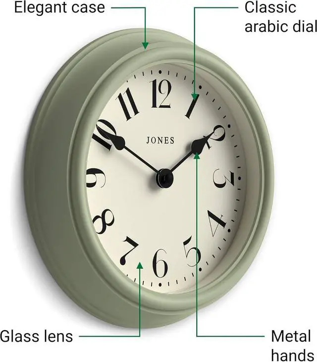 Alt view image 6 of 7 - JONES CLOCKS® Frieze Wall Clock | Small Elegant Classic Round Clock | 9 inch | Green | Pretty Design Ideal for The Kitchen, Living Room, Bedroom, Large or Small Spaces