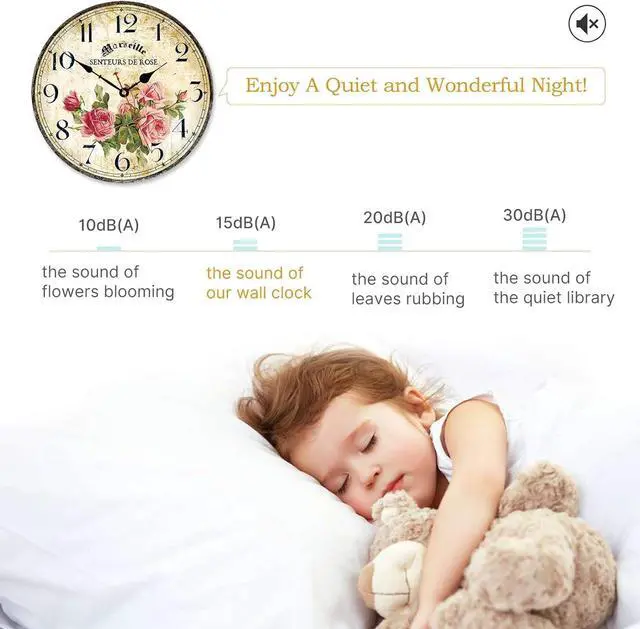 Alt view image 2 of 5 - Vintage French Floral Wall Clock with Pink Rose Pattern Small Round Silent Non-Ticking Quartz Movement 8 inches Wall Clocks Battery Operated Home Flower Decorative for Bedroom,Living Room