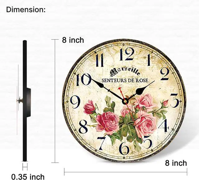 Alt view image 3 of 5 - Vintage French Floral Wall Clock with Pink Rose Pattern Small Round Silent Non-Ticking Quartz Movement 8 inches Wall Clocks Battery Operated Home Flower Decorative for Bedroom,Living Room