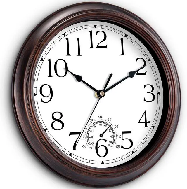 Alt view image 2 of 7 - 14 Inch Outdoor Wall Clock with Thermometers, Vintage Silent Wall Clocks Battery Operated, Retro Non-Ticking Clock Decorative for Living Room, Patio, Kitchen, Office, Bathroom, Bedroom(Bronze)