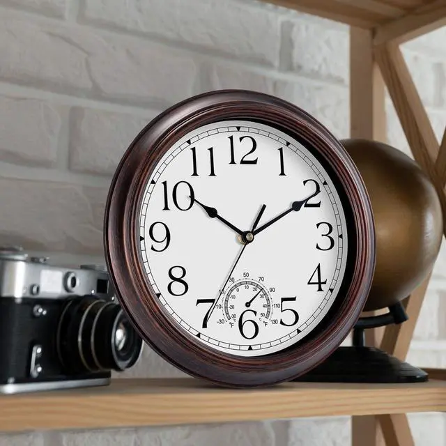 Alt view image 4 of 7 - 14 Inch Outdoor Wall Clock with Thermometers, Vintage Silent Wall Clocks Battery Operated, Retro Non-Ticking Clock Decorative for Living Room, Patio, Kitchen, Office, Bathroom, Bedroom(Bronze)