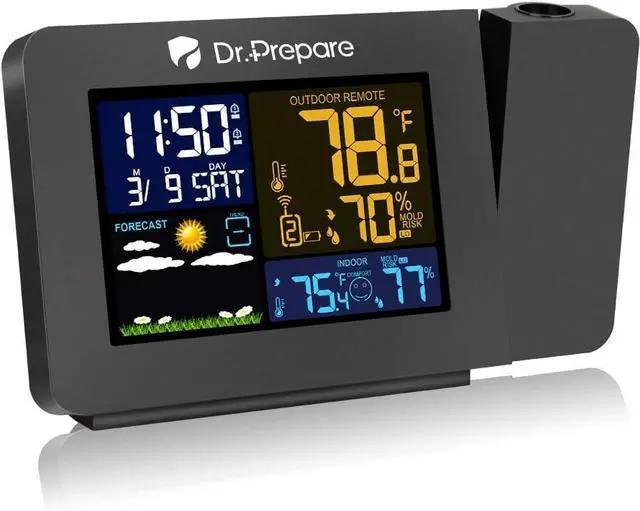 Main image of DR.PREPARE Projection Alarm Clock, Indoor Outdoor Temperature Display, Dual Alarms, Snooze, Weather Forecast, Digital Clock Projector for Bedroom
