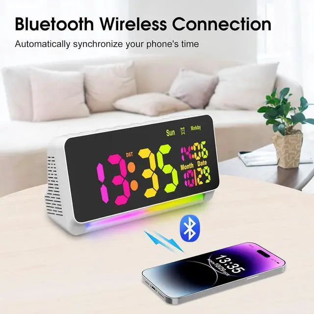 Alt view image 2 of 7 - 120db Super Loud Alarm Clock for Heavy Sleepers, Bluetooth Connection, 15 Wake Up Sounds, 7 Color Night Light, Dynamic RGB Color Changing, 0-100% Dimmer, Snooze, Digital Clock for Bedroom