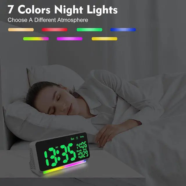 Alt view image 4 of 7 - 120db Super Loud Alarm Clock for Heavy Sleepers, Bluetooth Connection, 15 Wake Up Sounds, 7 Color Night Light, Dynamic RGB Color Changing, 0-100% Dimmer, Snooze, Digital Clock for Bedroom