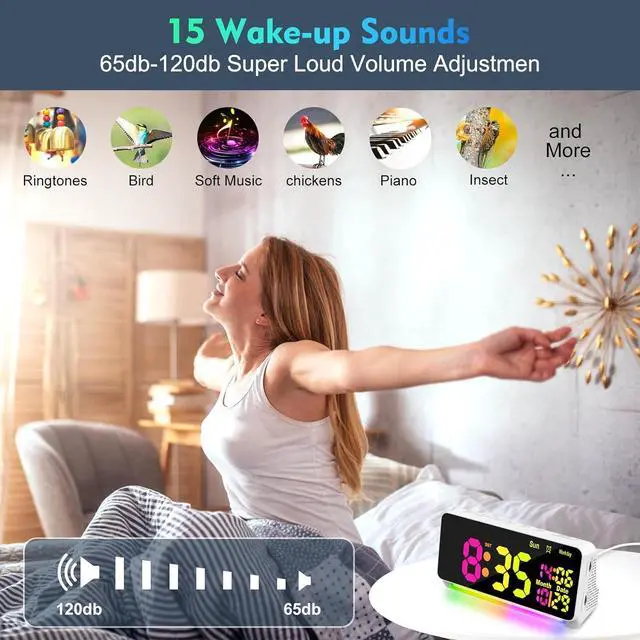 Alt view image 3 of 7 - 120db Super Loud Alarm Clock for Heavy Sleepers, Bluetooth Connection, 15 Wake Up Sounds, 7 Color Night Light, Dynamic RGB Color Changing, 0-100% Dimmer, Snooze, Digital Clock for Bedroom