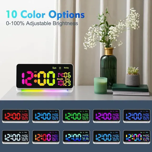 Alt view image 5 of 7 - 120db Super Loud Alarm Clock for Heavy Sleepers, Bluetooth Connection, 15 Wake Up Sounds, 7 Color Night Light, Dynamic RGB Color Changing, 0-100% Dimmer, Snooze, Digital Clock for Bedroom