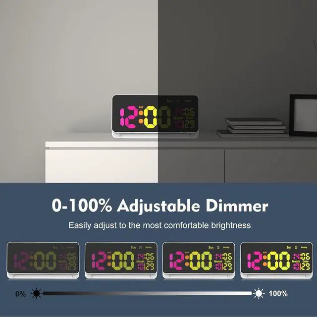 Alt view image 6 of 7 - 120db Super Loud Alarm Clock for Heavy Sleepers, Bluetooth Connection, 15 Wake Up Sounds, 7 Color Night Light, Dynamic RGB Color Changing, 0-100% Dimmer, Snooze, Digital Clock for Bedroom