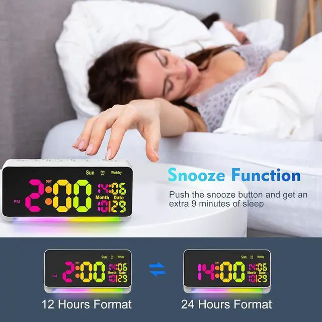 Alt view image 7 of 7 - 120db Super Loud Alarm Clock for Heavy Sleepers, Bluetooth Connection, 15 Wake Up Sounds, 7 Color Night Light, Dynamic RGB Color Changing, 0-100% Dimmer, Snooze, Digital Clock for Bedroom