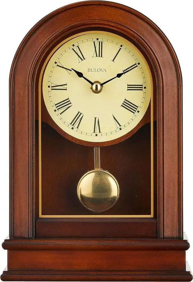 Alt view image 2 of 3 - Bulova B7467 Hardwick Mantel Clock | Traditional Hardwood Case with Walnut Finish | Roman Numerals | Elegant Timepiece for Home or Office