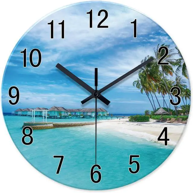 Main image of XFM Beach Wall Clock Battery Operated 12 Inch Blue Wall Clocks Silent Coastal Nautical Clock Decorative for Bathroom Kitchen Living Room Office