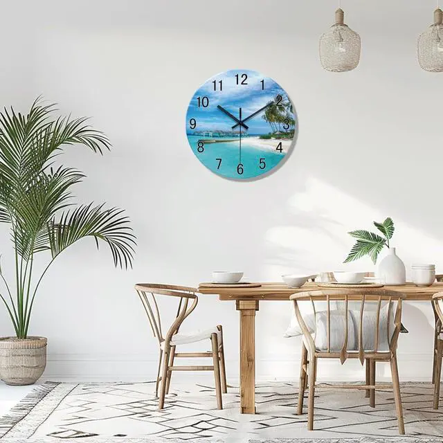 Alt view image 3 of 7 - XFM Beach Wall Clock Battery Operated 12 Inch Blue Wall Clocks Silent Coastal Nautical Clock Decorative for Bathroom Kitchen Living Room Office