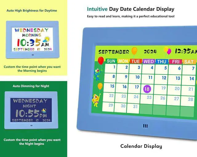 Alt view image 2 of 6 - MASSII 2025 Digital Teaching Clock Talking Time, 24 Alarms Custom Reminders, Checklist to-Do List, Auto DST & Calendar Display, Sleep Trainer, Easy to Use for Kids Birthday Gift- Blue with Remote