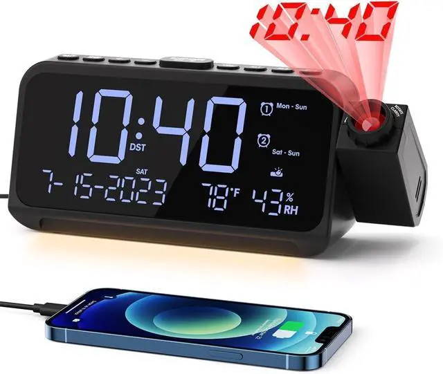 Main image of ROCAM Projection Alarm Clock, Digital Clock with 180° Projector on Ceiling Wall, Dual Loud Alarm Clocks for bedrooms with Weekday/Weekend Mode,2 USB Ports, Dimmer, Temp, Humidity, Night Light, Snooze