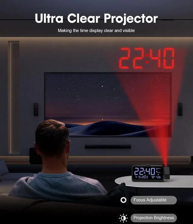 Alt view image 3 of 7 - ROCAM Projection Alarm Clock, Digital Clock with 180° Projector on Ceiling Wall, Dual Loud Alarm Clocks for bedrooms with Weekday/Weekend Mode,2 USB Ports, Dimmer, Temp, Humidity, Night Light, Snooze