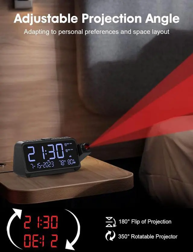 Alt view image 4 of 7 - ROCAM Projection Alarm Clock, Digital Clock with 180° Projector on Ceiling Wall, Dual Loud Alarm Clocks for bedrooms with Weekday/Weekend Mode,2 USB Ports, Dimmer, Temp, Humidity, Night Light, Snooze