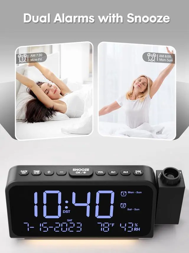 Alt view image 5 of 7 - ROCAM Projection Alarm Clock, Digital Clock with 180° Projector on Ceiling Wall, Dual Loud Alarm Clocks for bedrooms with Weekday/Weekend Mode,2 USB Ports, Dimmer, Temp, Humidity, Night Light, Snooze