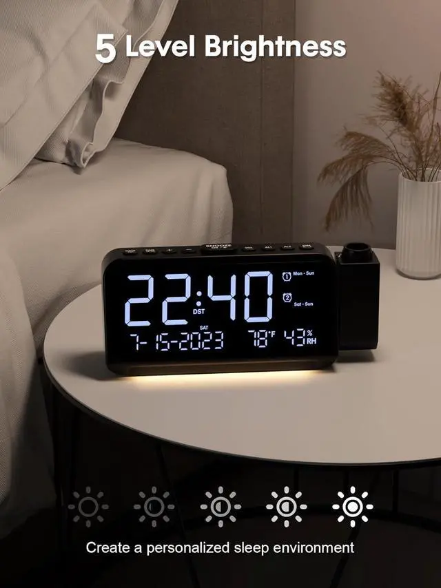 Alt view image 6 of 7 - ROCAM Projection Alarm Clock, Digital Clock with 180° Projector on Ceiling Wall, Dual Loud Alarm Clocks for bedrooms with Weekday/Weekend Mode,2 USB Ports, Dimmer, Temp, Humidity, Night Light, Snooze