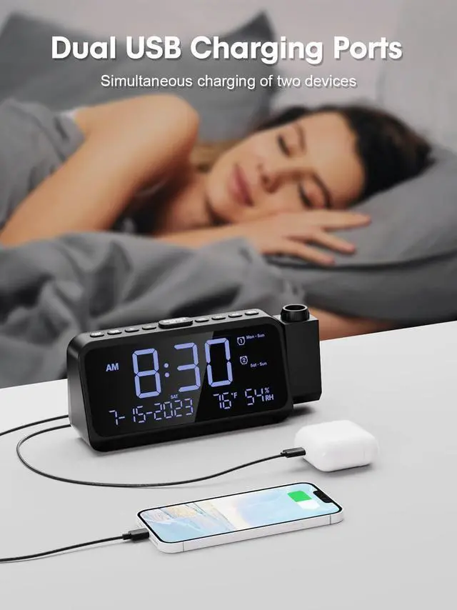 Alt view image 7 of 7 - ROCAM Projection Alarm Clock, Digital Clock with 180° Projector on Ceiling Wall, Dual Loud Alarm Clocks for bedrooms with Weekday/Weekend Mode,2 USB Ports, Dimmer, Temp, Humidity, Night Light, Snooze