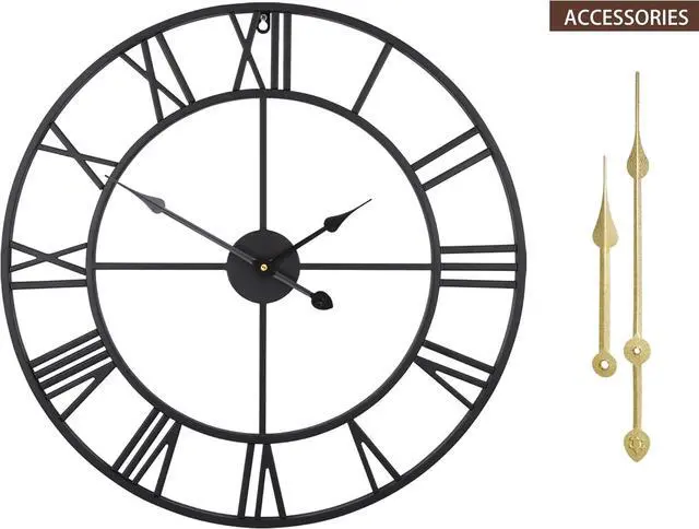 Alt view image 2 of 7 - LEIKE Large Wall Clock, 24" Completely Silent, Non Ticking, Battery-Operated,Rustic Round Modern Metal Wall Clock Decor for Living Room, Bedroom and Kitchen, (60cm, Black-Roman Number)