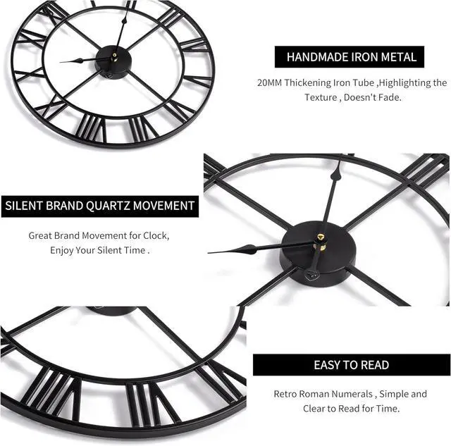 Alt view image 3 of 7 - LEIKE Large Wall Clock, 24" Completely Silent, Non Ticking, Battery-Operated,Rustic Round Modern Metal Wall Clock Decor for Living Room, Bedroom and Kitchen, (60cm, Black-Roman Number)
