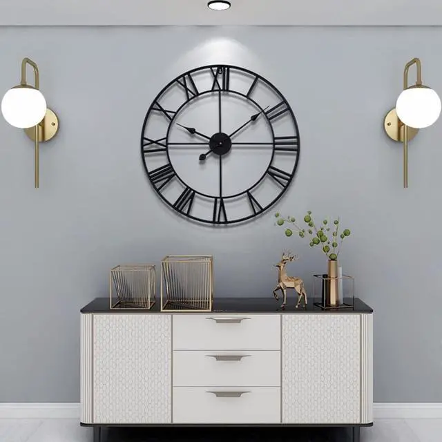 Alt view image 4 of 7 - LEIKE Large Wall Clock, 24" Completely Silent, Non Ticking, Battery-Operated,Rustic Round Modern Metal Wall Clock Decor for Living Room, Bedroom and Kitchen, (60cm, Black-Roman Number)