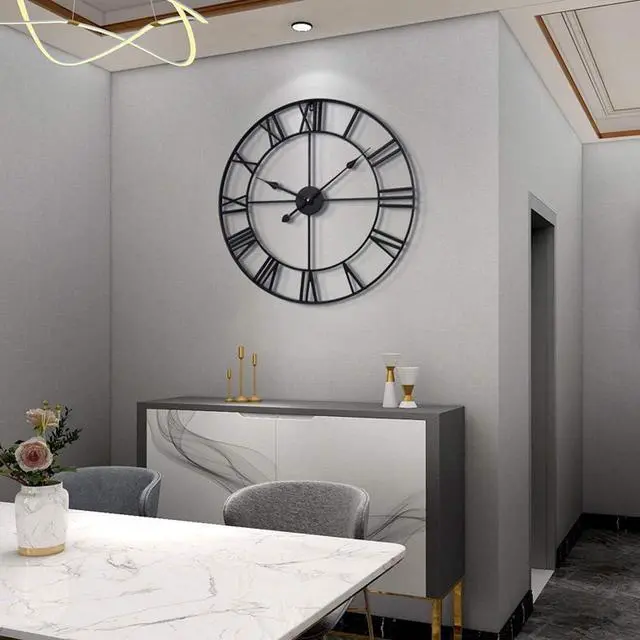 Alt view image 6 of 7 - LEIKE Large Wall Clock, 24" Completely Silent, Non Ticking, Battery-Operated,Rustic Round Modern Metal Wall Clock Decor for Living Room, Bedroom and Kitchen, (60cm, Black-Roman Number)