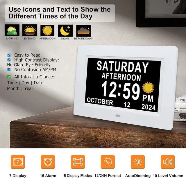 Alt view image 2 of 7 - Digital Calendar Dementia Alarm Clock with Day and Date for Elderly - 15 Alarms 5 Colors Display Digital Clock Large Display Alzheimers Large Digital Clock for Seniors (7in White)