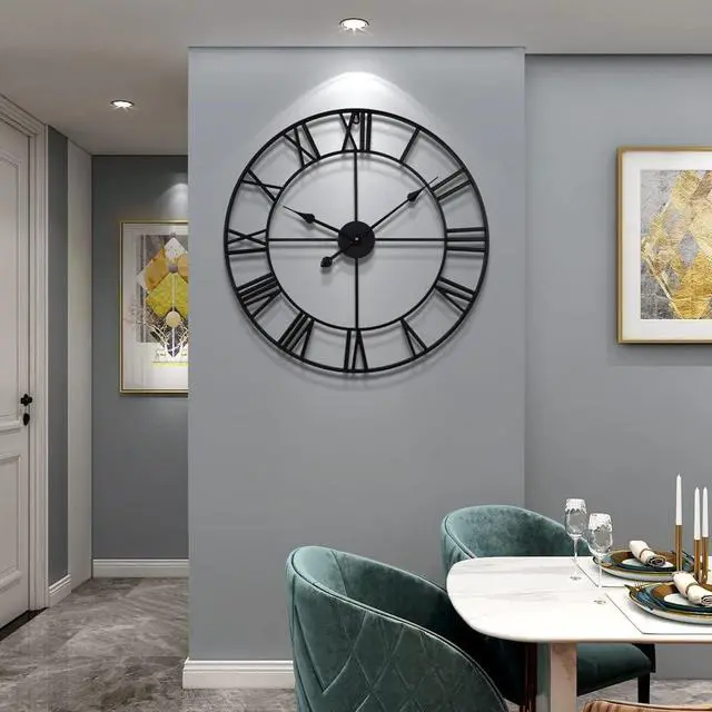 Alt view image 7 of 7 - LEIKE Large Wall Clock, 24" Completely Silent, Non Ticking, Battery-Operated,Rustic Round Modern Metal Wall Clock Decor for Living Room, Bedroom and Kitchen, (60cm, Black-Roman Number)