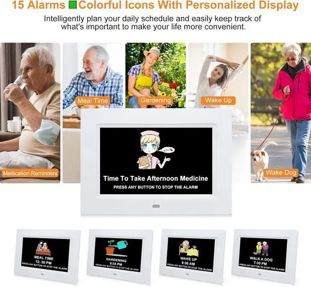 Alt view image 3 of 7 - Digital Calendar Dementia Alarm Clock with Day and Date for Elderly - 15 Alarms 5 Colors Display Digital Clock Large Display Alzheimers Large Digital Clock for Seniors (7in White)