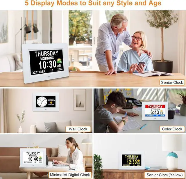 Alt view image 4 of 7 - Digital Calendar Dementia Alarm Clock with Day and Date for Elderly - 15 Alarms 5 Colors Display Digital Clock Large Display Alzheimers Large Digital Clock for Seniors (7in White)