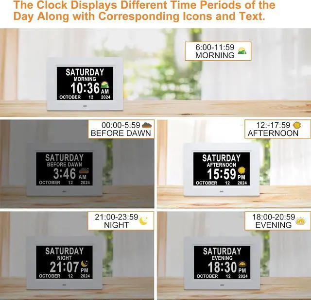 Alt view image 5 of 7 - Digital Calendar Dementia Alarm Clock with Day and Date for Elderly - 15 Alarms 5 Colors Display Digital Clock Large Display Alzheimers Large Digital Clock for Seniors (7in White)