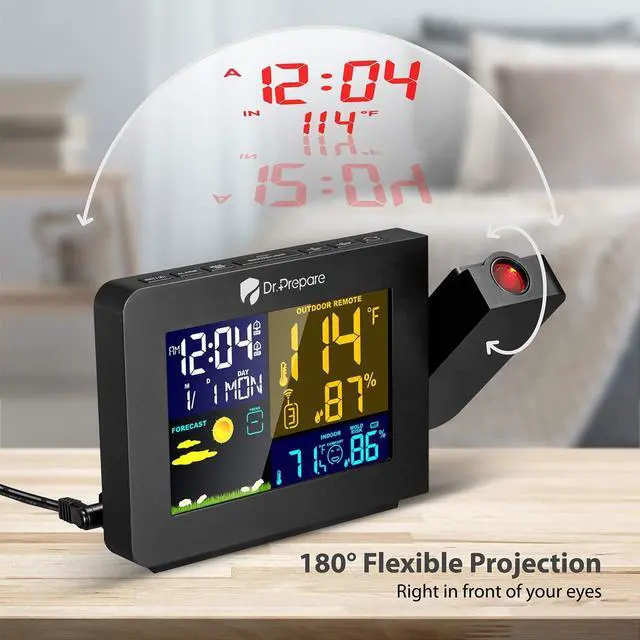 Alt view image 3 of 6 - DR.PREPARE Projection Alarm Clock, Indoor Outdoor Temperature Display, Dual Alarms, Snooze, Weather Forecast, Digital Clock Projector for Bedroom