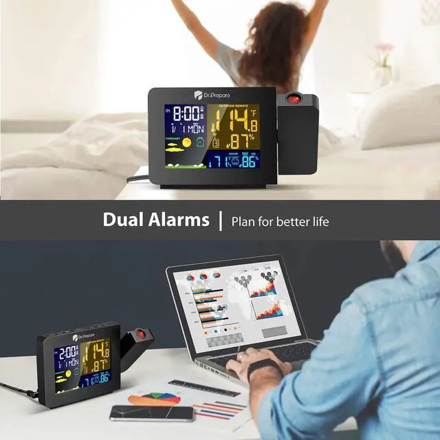 Alt view image 5 of 6 - DR.PREPARE Projection Alarm Clock, Indoor Outdoor Temperature Display, Dual Alarms, Snooze, Weather Forecast, Digital Clock Projector for Bedroom