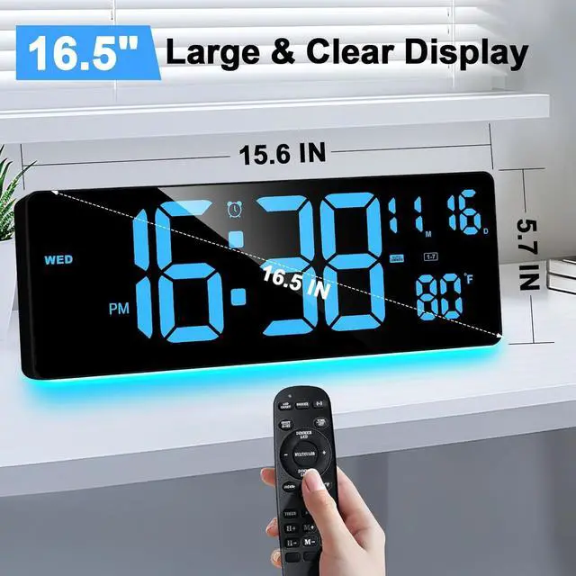 Alt view image 3 of 6 - XREXS Digital Wall Clock Large Display, 16.5" LED Wall Clock with 6 Color Changes Night Lights, Auto DST, Count Up/Down Timer with Remote Control for Living Room Bedroom Office Wall Decor