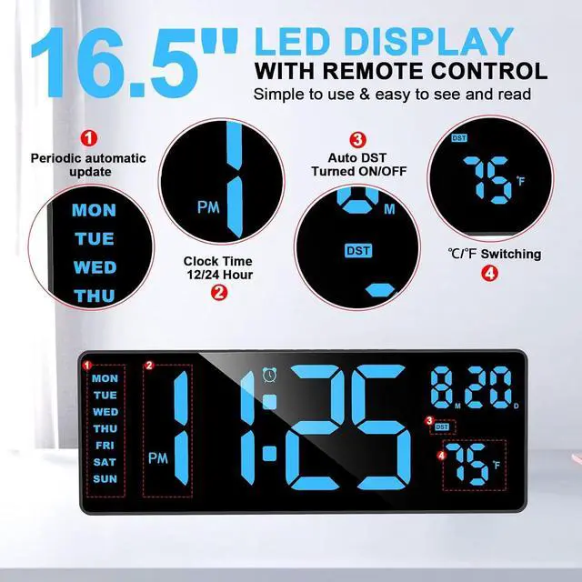 Alt view image 4 of 6 - XREXS Digital Wall Clock Large Display, 16.5" LED Wall Clock with 6 Color Changes Night Lights, Auto DST, Count Up/Down Timer with Remote Control for Living Room Bedroom Office Wall Decor