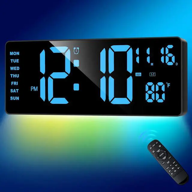 Main image of XREXS Digital Wall Clock Large Display, 16.5" LED Wall Clock with 6 Color Changes Night Lights, Auto DST, Count Up/Down Timer with Remote Control for Living Room Bedroom Office Wall Decor