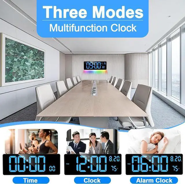 Alt view image 6 of 6 - XREXS Digital Wall Clock Large Display, 16.5" LED Wall Clock with 6 Color Changes Night Lights, Auto DST, Count Up/Down Timer with Remote Control for Living Room Bedroom Office Wall Decor