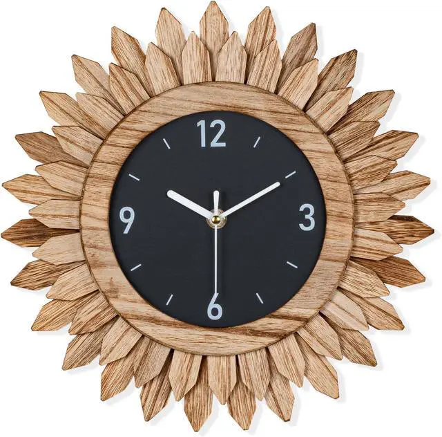 Main image of Honiway Wall Clock Battery Operated 12 in Rustic Wood Boho Sunburst Decorative Wall Clock Silent Non Ticking Farmhouse Small Wall Clocks for Living Room Kitchen Bathroom Bedroom Decor (Rustic Brown)