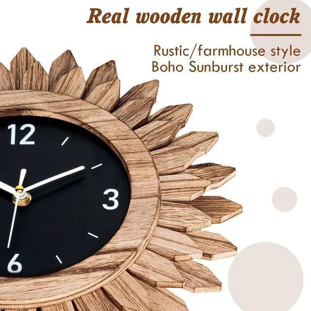 Alt view image 2 of 7 - Honiway Wall Clock Battery Operated 12 in Rustic Wood Boho Sunburst Decorative Wall Clock Silent Non Ticking Farmhouse Small Wall Clocks for Living Room Kitchen Bathroom Bedroom Decor (Rustic Brown)