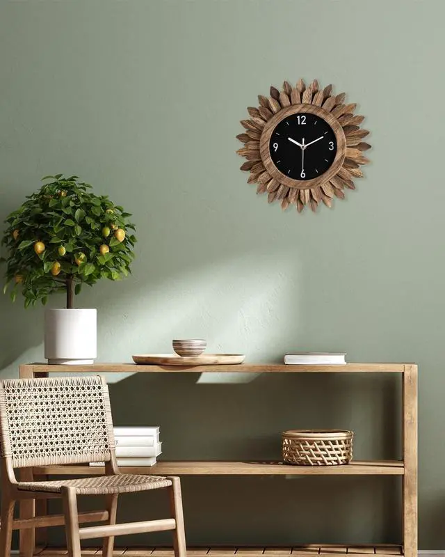 Alt view image 3 of 7 - Honiway Wall Clock Battery Operated 12 in Rustic Wood Boho Sunburst Decorative Wall Clock Silent Non Ticking Farmhouse Small Wall Clocks for Living Room Kitchen Bathroom Bedroom Decor (Rustic Brown)