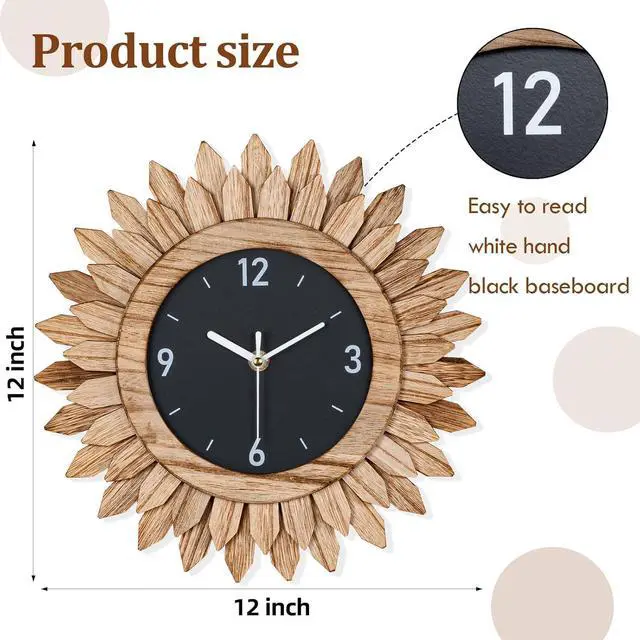 Alt view image 5 of 7 - Honiway Wall Clock Battery Operated 12 in Rustic Wood Boho Sunburst Decorative Wall Clock Silent Non Ticking Farmhouse Small Wall Clocks for Living Room Kitchen Bathroom Bedroom Decor (Rustic Brown)