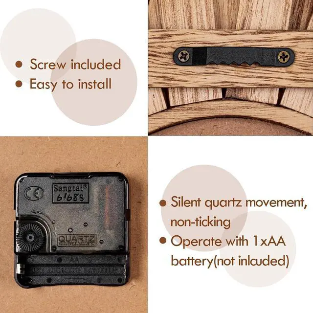 Alt view image 4 of 7 - Honiway Wall Clock Battery Operated 12 in Rustic Wood Boho Sunburst Decorative Wall Clock Silent Non Ticking Farmhouse Small Wall Clocks for Living Room Kitchen Bathroom Bedroom Decor (Rustic Brown)