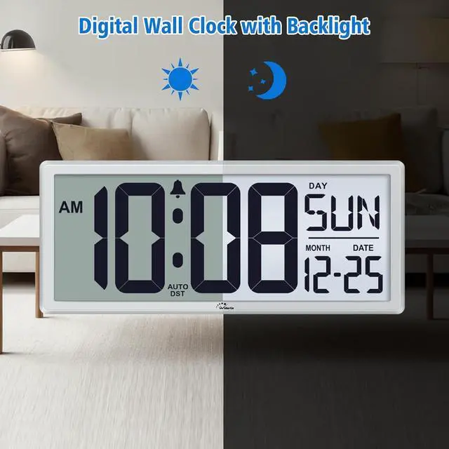 Alt view image 2 of 7 - WallarGe Backlight Digital Wall Clock Battery Operated - with Temperature and Date 14.5'' Large Digital Wall Clock, Easy to Read and Set, Auto DST