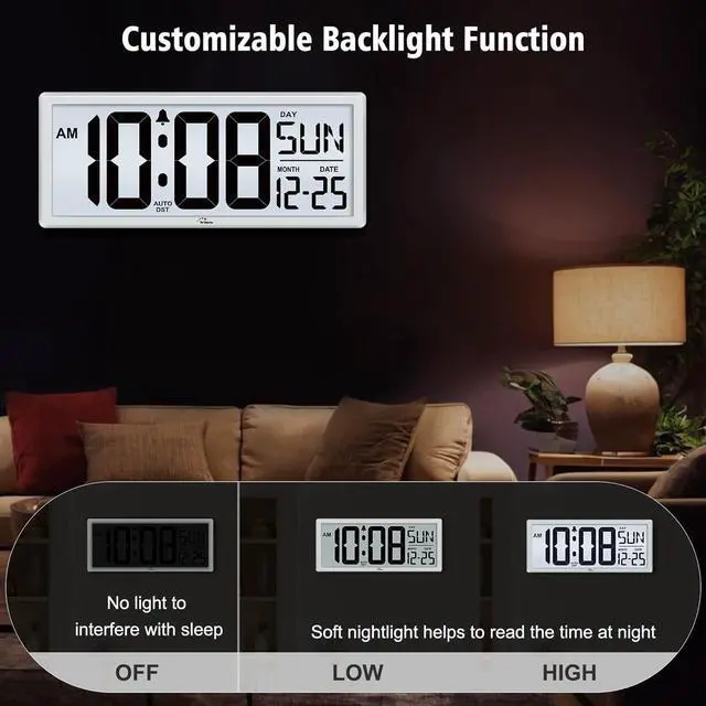 Alt view image 3 of 7 - WallarGe Backlight Digital Wall Clock Battery Operated - with Temperature and Date 14.5'' Large Digital Wall Clock, Easy to Read and Set, Auto DST