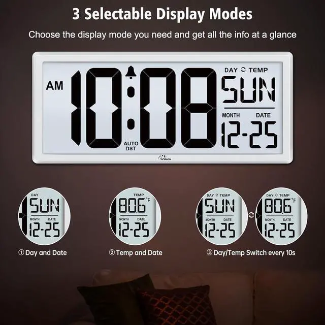 Alt view image 4 of 7 - WallarGe Backlight Digital Wall Clock Battery Operated - with Temperature and Date 14.5'' Large Digital Wall Clock, Easy to Read and Set, Auto DST