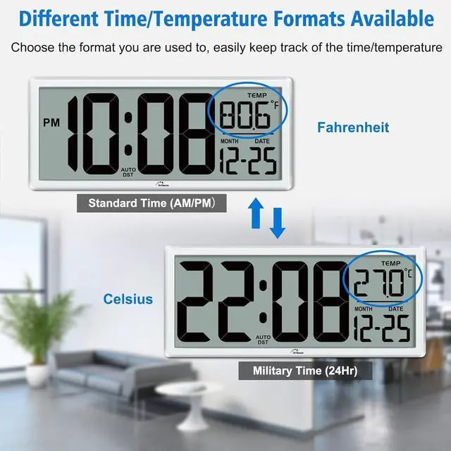 Alt view image 6 of 7 - WallarGe Backlight Digital Wall Clock Battery Operated - with Temperature and Date 14.5'' Large Digital Wall Clock, Easy to Read and Set, Auto DST