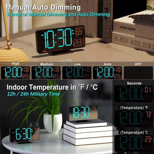 Alt view image 2 of 6 - KOSUMOSU Alarm Clocks for Bedrooms, 6.7" Black Small Digital Clock LED, Desk Alarm Clock with Auto Dimming,Seconds, Day of Week, Indoor Temperature,Clocks for Living Room